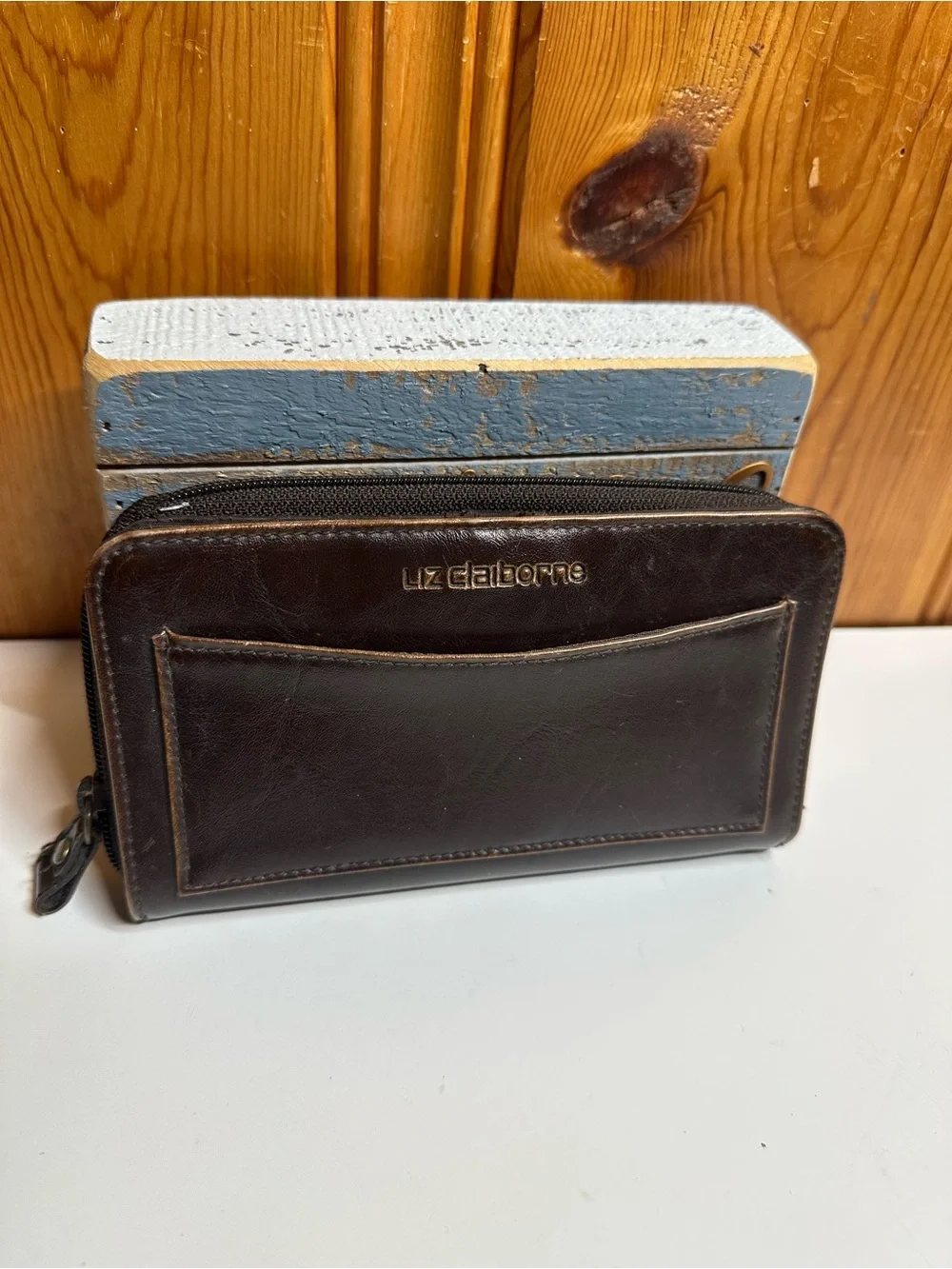 Liz Claiborne Dark Brown Leather Zip Wallet with Front Slip Pocket
